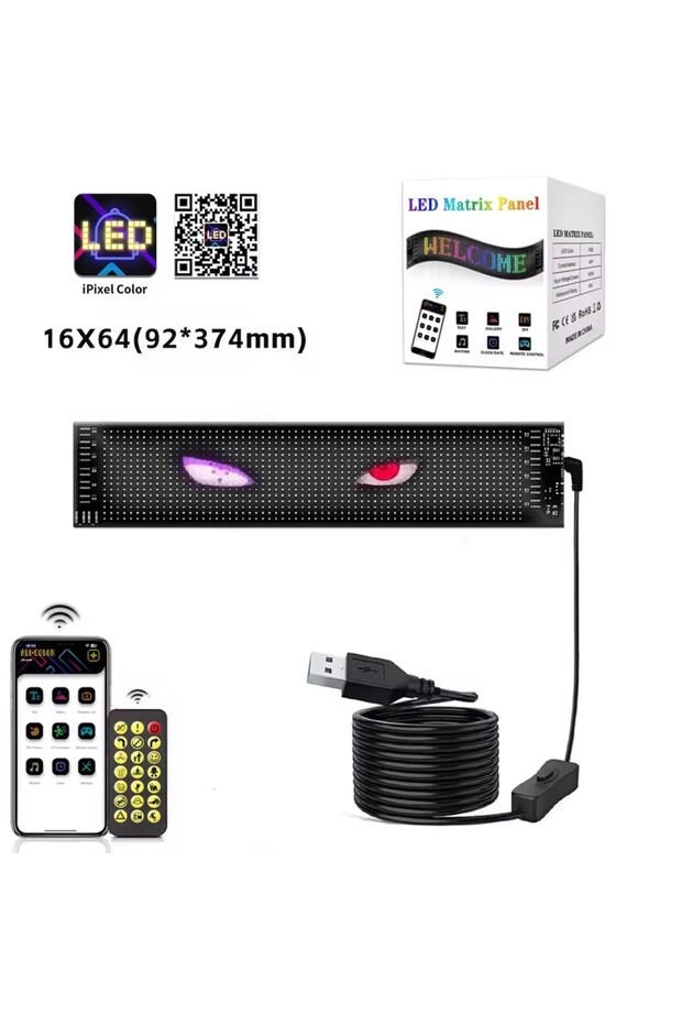 لوحة مصفوفة LED ذكية 16 × 64 LED، قابلة للتمرير، ساطعة، إعلانية، USB 5 فولت، تطبيق بلوتوث، يتم التحكم فيها عن بُعد