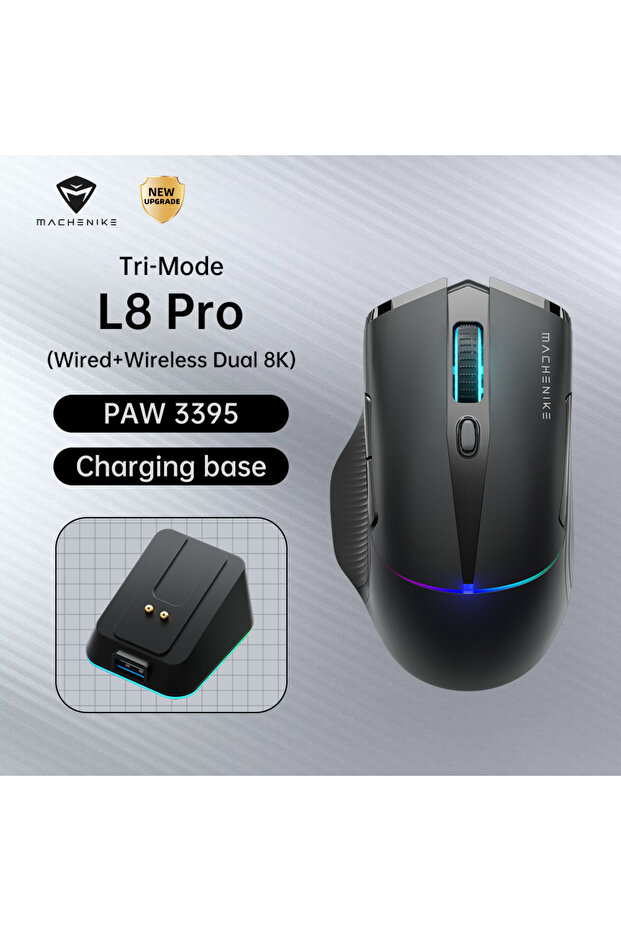 ماشينيك ماشينيك L8Pro ماوس ألعاب لاسلكي أسود مزدوج بدقة 8K مع قاعدة شحن ومستشعر بصري PAW3395