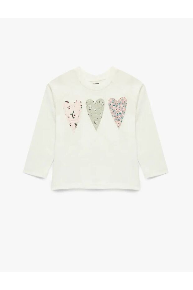 Long Sleeve Crew Neck Cotton T-Shirt with Heart Appliqué