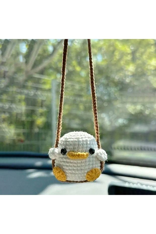 duck Cute Crochet Animal Car Pendant – Duckling & Frog Design Soft Yarn Crafted Rearview Mirror Deco