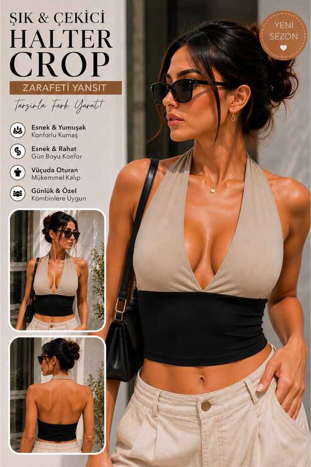 بريميوم - بلوزة نسائية قصيرة بياقة هالتر من فرو المنك / بلوزة أساسية أنيقة ومرنة