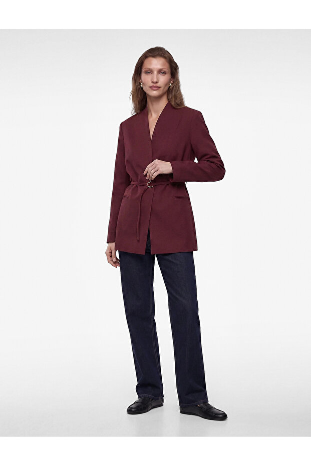 Belted Double-Breasted Collar Long Sleeve Blazer Jacket
