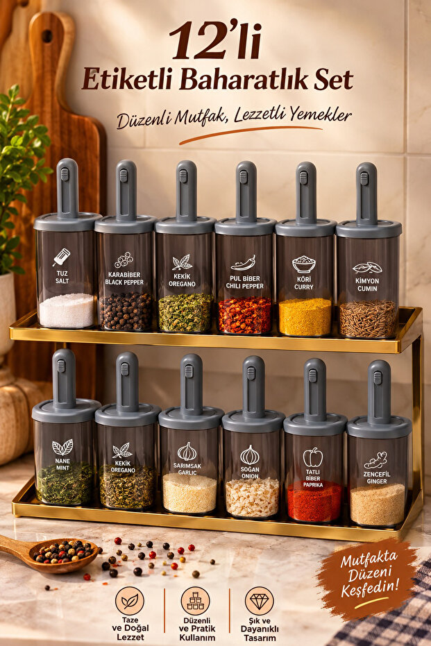 1100 12-Piece Sliding Self-Spoon Sealed Lid Labeled Spice Rack Set - Storage Container