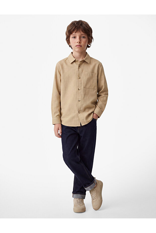 Cotton Single Pocket Long Sleeve Classic Collar Basic Shirt