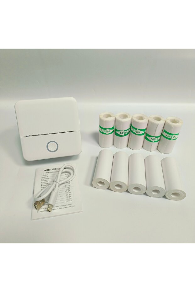 WHITE Wireless Mini Photo Printer Set with 5 Sticker Rolls & 5 Thermal Paper, Bluetooth Mobile Print