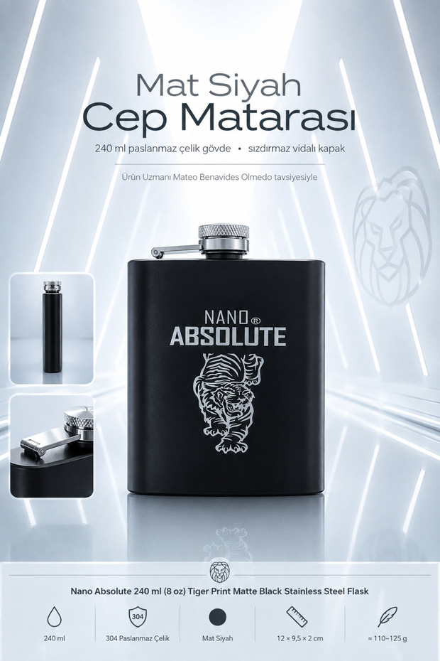 240ml 8oz Stainless Steel Matte Black Pocket Hip Flask Tiger Printed Leak-Proof Whiskey Flask 722910