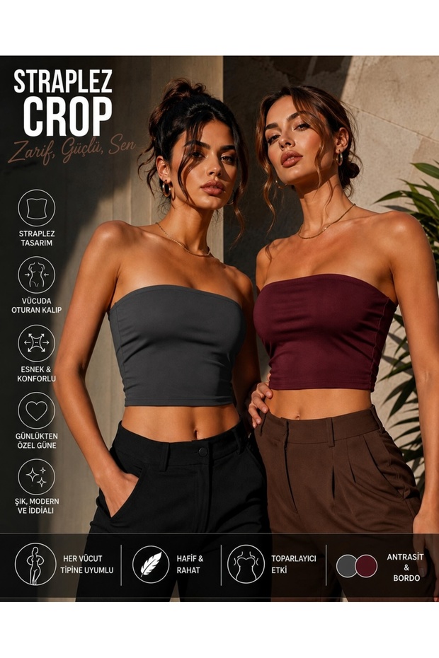 Women's Anthracite & Burgundy Strapless Crop Top Bustier - Stretchy Bandeau Blouse - Basic Stylish Casual Top