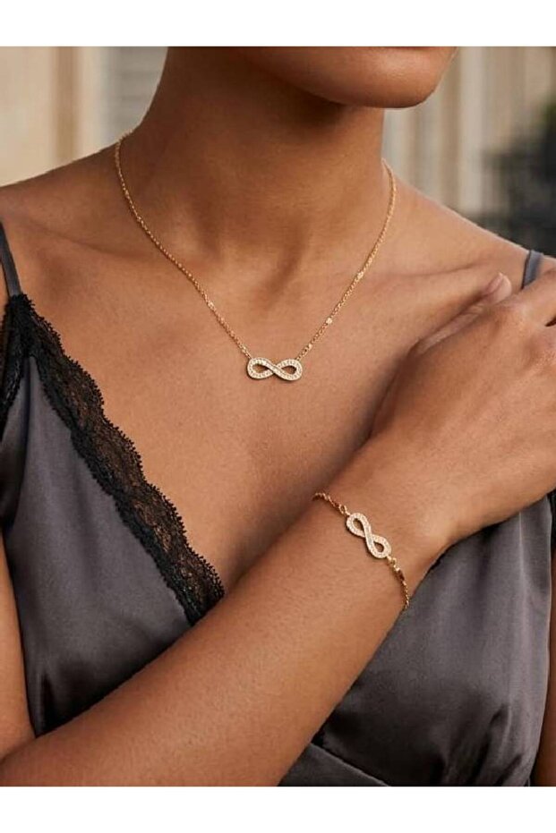 Women's Gold Color Plated Zircon Stone Infinity Necklace Bracelet Set