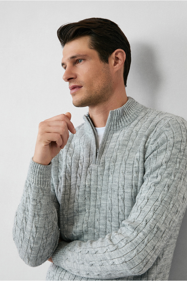Half Turtleneck Zippered Regular Fit Patterned Knit Sweater