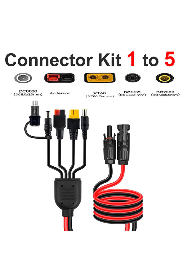 5 in 1 Cord Kit 5 in 1 Solar Panel Connector Extension Cord Kit XT60 DC5521 7909 8020 Anderson,1 to