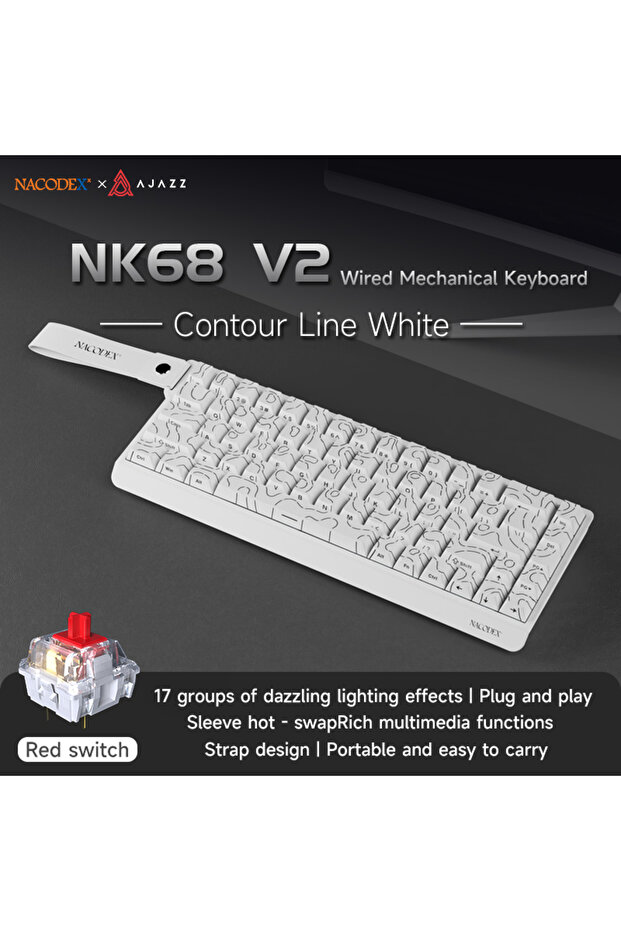 لوحة مفاتيح ميكانيكية NACODEX NK68 V2، 68 مفتاحًا، أغطية مفاتيح ثنائية اللغة (عربي/إنجليزي)، 17 وضعًا للإضاءة الخلفية RGB، سلكية USB-C، تصميم مدمج بنسبة 65%