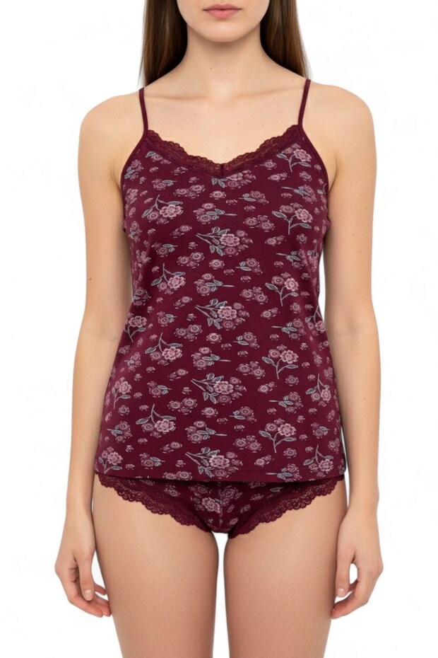 Women's Burgundy Floral Patterned Lace Rope Strap Athlete Panties Set