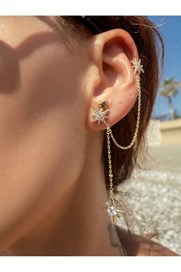 Xuping Star Figured Chain Earring (Ear Cuff) Gold | Zircon Stone Multi-Hole Look Women's Earrings