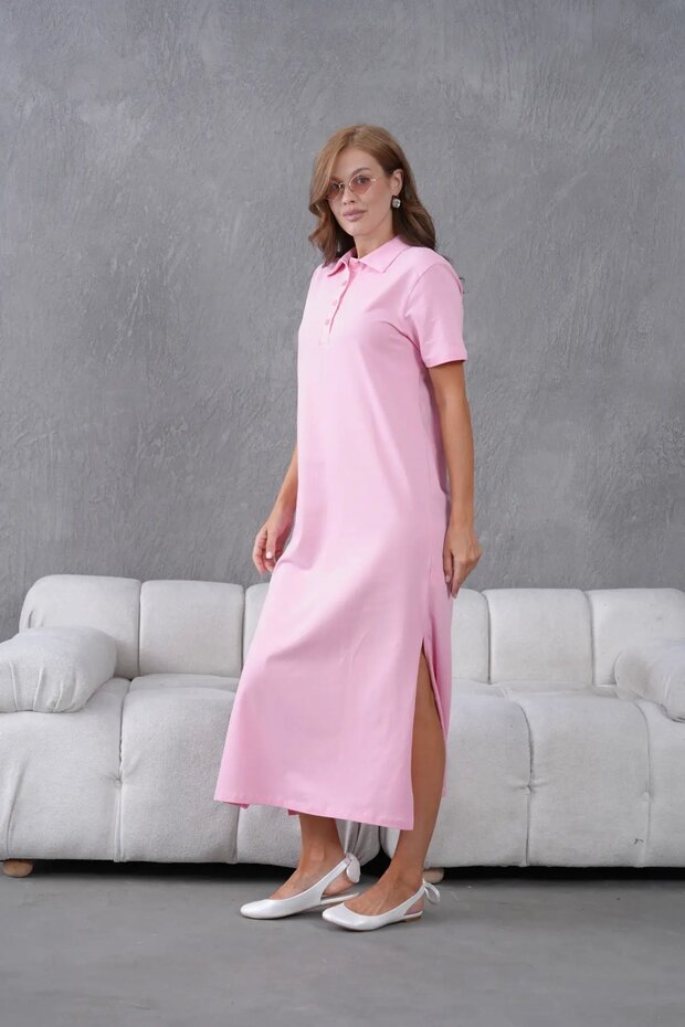 Polo Collar Short Sleeve Slit Relaxed Jersey Dress