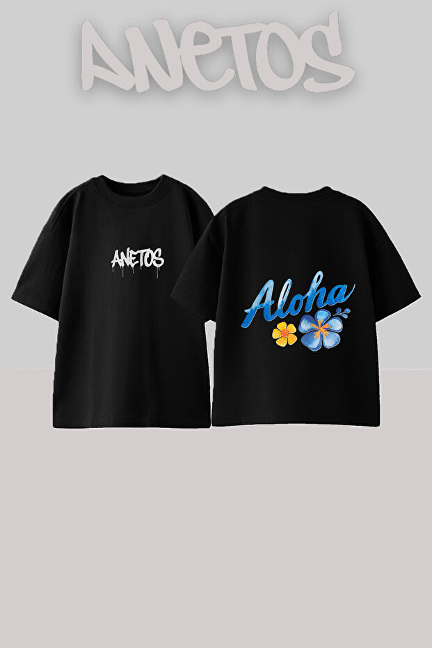 تي شيرت قطني أسود كبير الحجم بتصميم Aloha Flowers مطبوع على الظهر