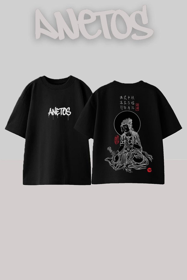 Buddha Art Design Back Printed Cotton Black Oversize T-Shirt