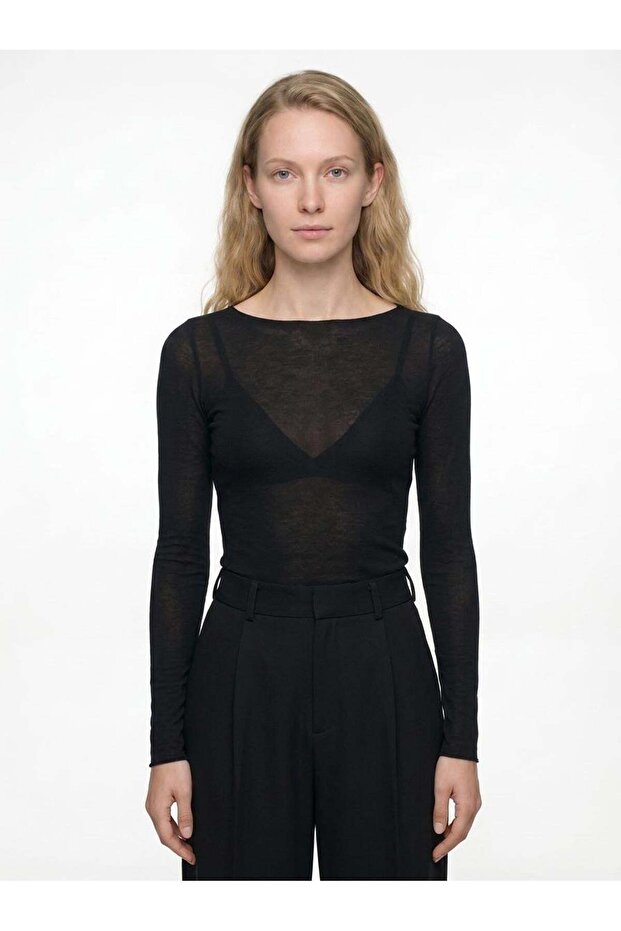 Women's cashmere blend ultra-lightweight boat neck modal blouse - black