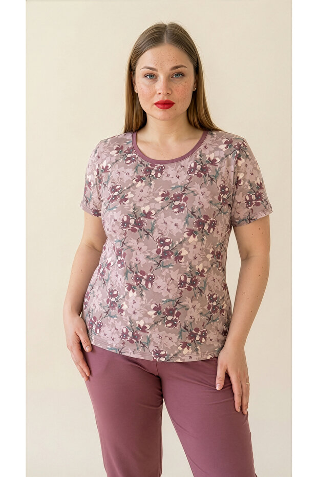 Multi-Colored Patterned Viscose Short Sleeve Plus Size Capri Set - 4