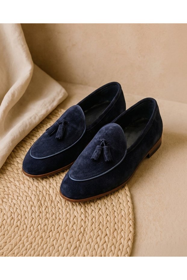 Italian Style Internal and External Natural Leather Suede Antique Men's Shoes Navy Blue T15209-02