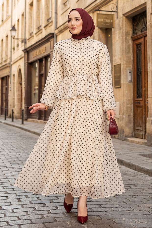 Ruffled Skirt Polka Dot Blouse Skirt Set Cream