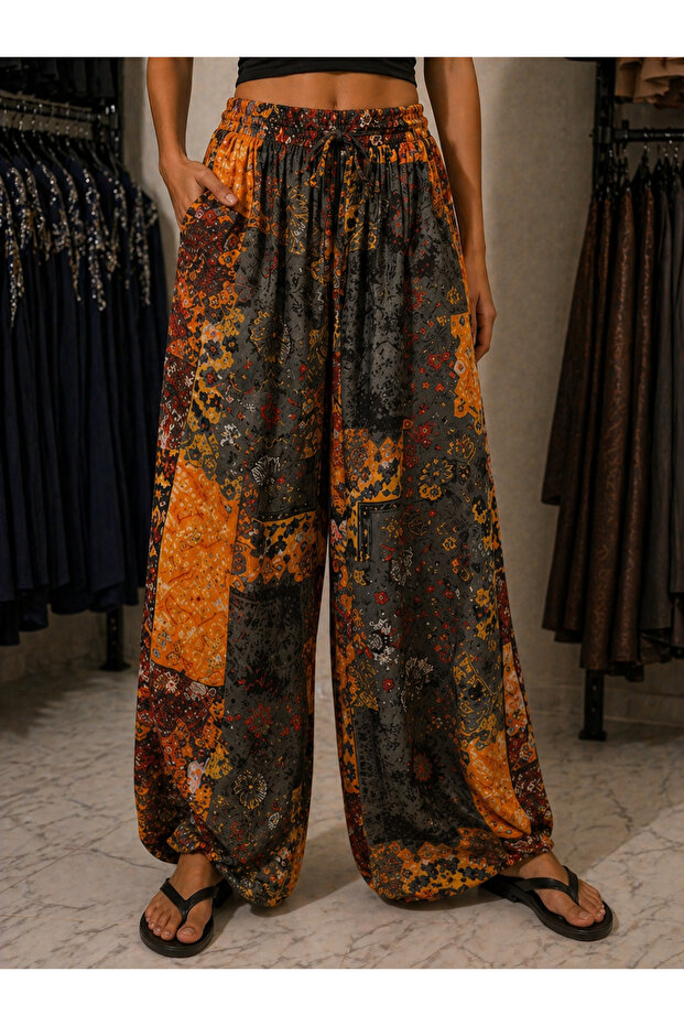 Ethnic Pattern Trousers with Elastic Waist and Tuckered Cuffs