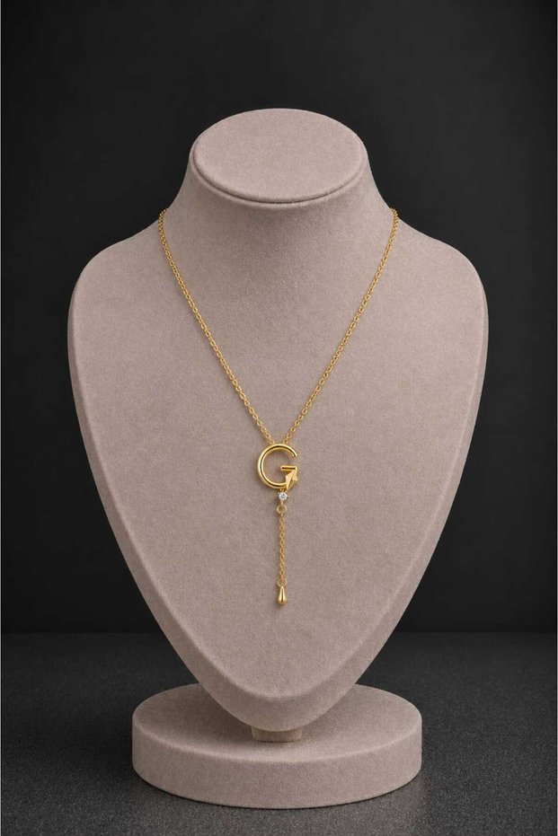 Women's Gold Letter Pendant Necklace with Dangling Chain and Stone Detail