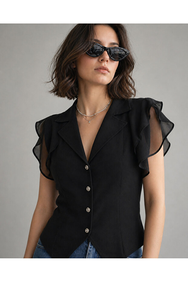 Women's Black Tulle and Ruffle Detailed Jacket Collar Blouse