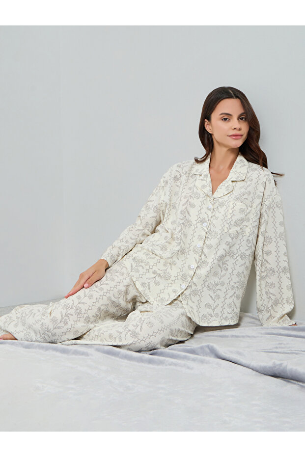 Cream Floral Print Shirt and Pyjama Set