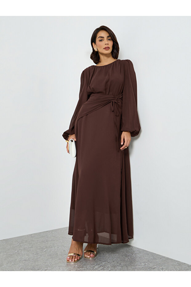 Coffee Brown Balloon Sleeve Waist Tie Maxi Dress