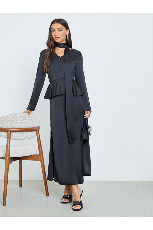 Black Peplum Ruffle Maxi Dress with Tie-Neck