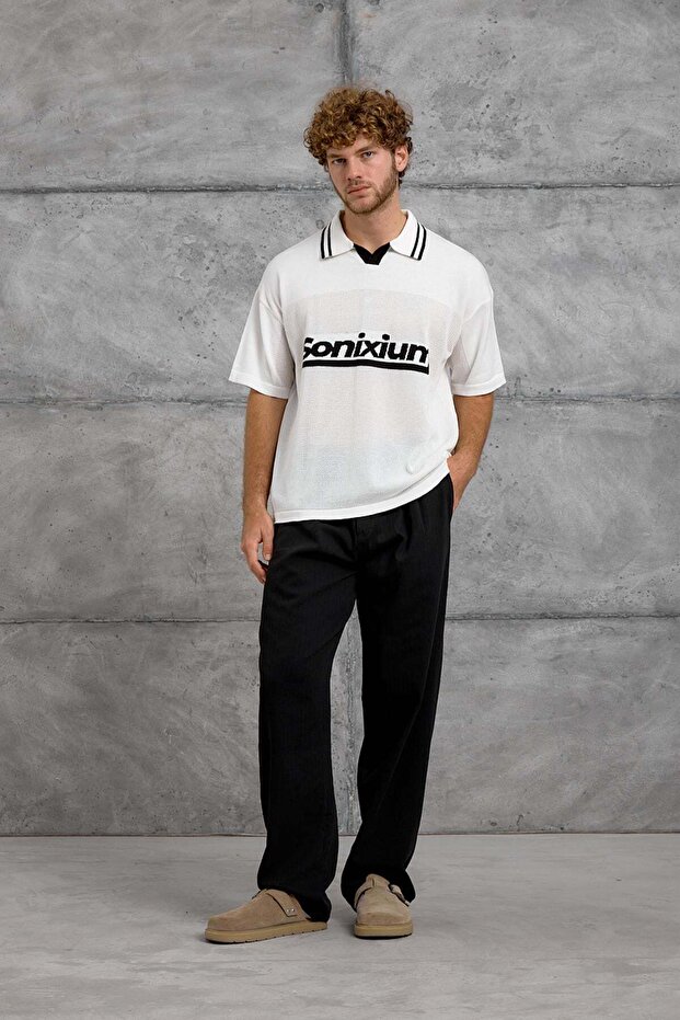 Men's T-Shirt Sonixium Written Polo Collar White Oversize Printed Knitwear