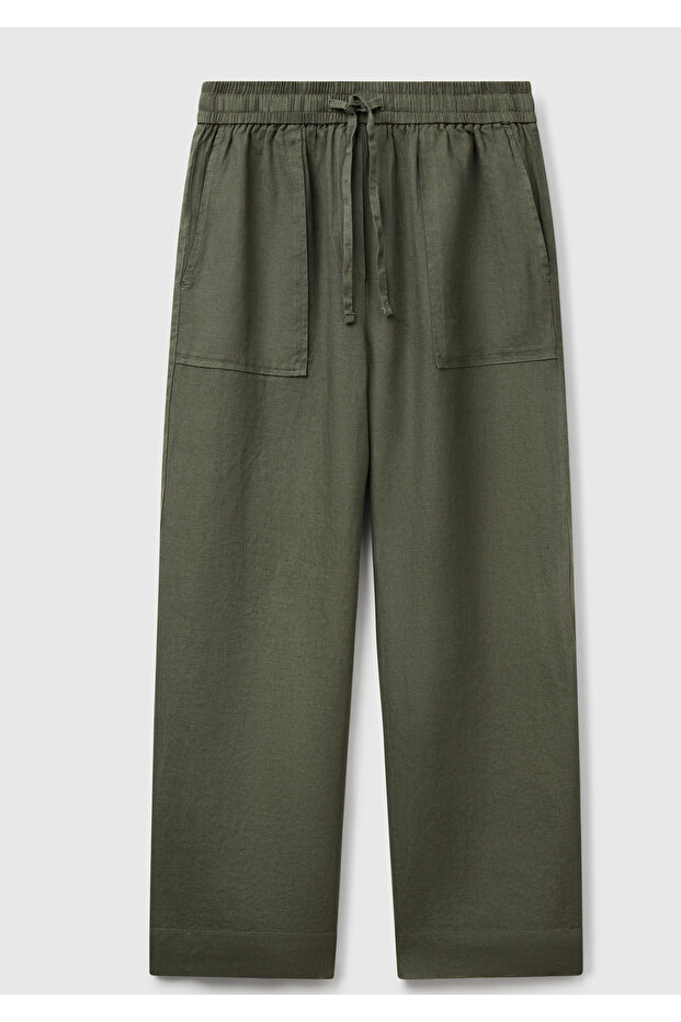 Women's Khaki 100% Linen Drawstring Cigarette Pants with Pockets