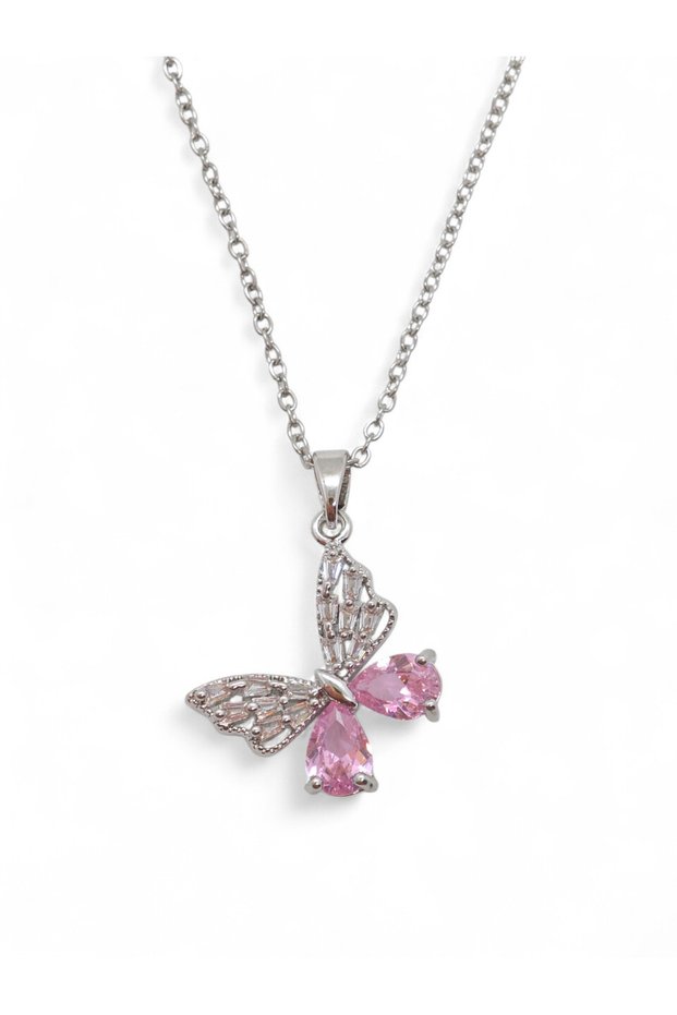 Women's Silver Color Steel Butterfly Necklace with Pink Stone, Elegant, Minimal, Stylish, Daily Gift