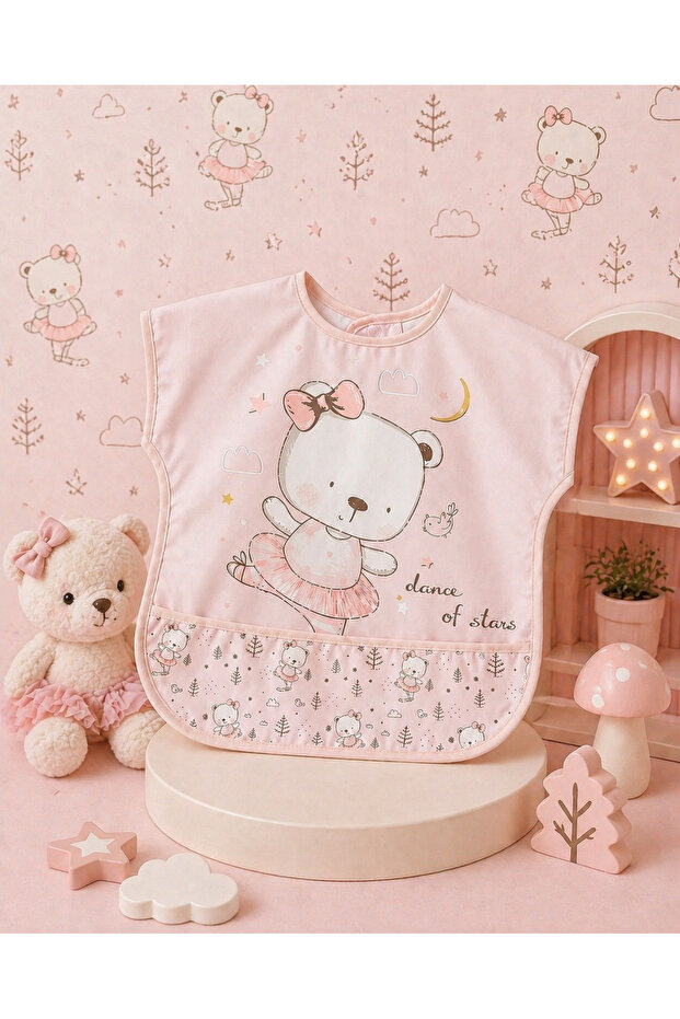 Ballerina Bear Patterned Short Sleeve Waterproof Baby Food Bib with Pockets
