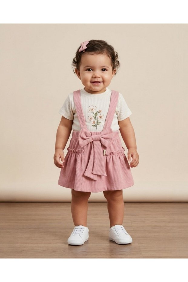Dar Kalip! Baby Girl Ribbed Fabric Salopet Skirt and T-Shirt 2-Piece Stylish Holiday Set 9-24 Months