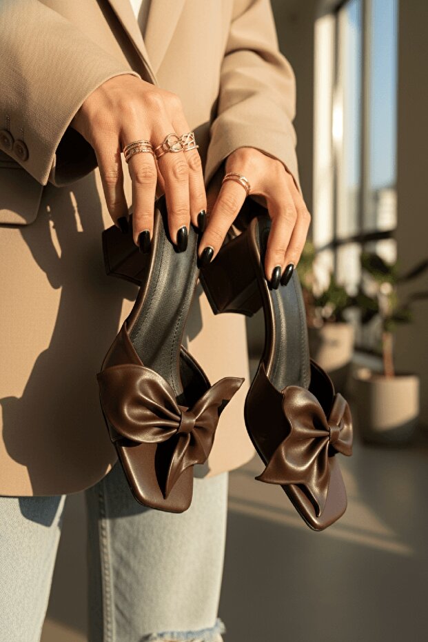 Sono Brown Bow-Tied (7 cm) Heeled Daily Use Slippers