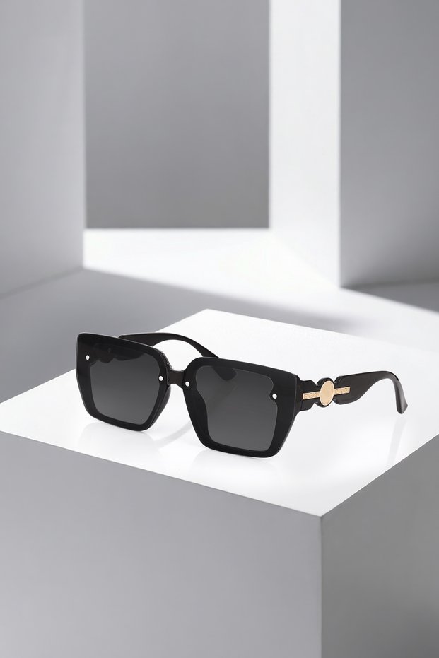 Uv400 Protection Black Color Gold Detailed Square Frame Women's Sunglasses Plg-2130C3