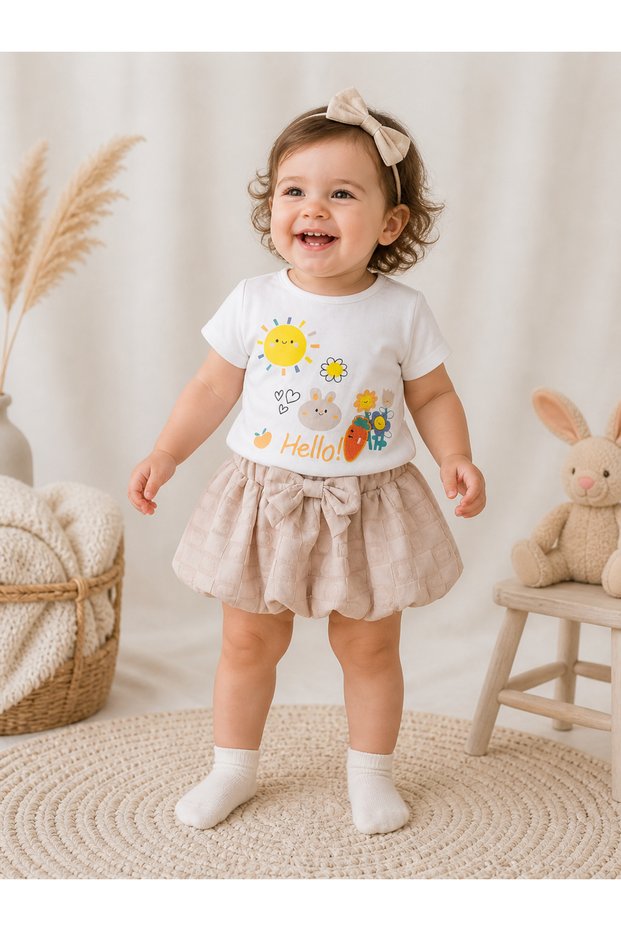 Hello Sun Shine Baby Girl Set Summer Embossed Patterned Fabric Printed Set with Balloon Skirt 6 Months, 9 Months, 12 Months, 18 Months