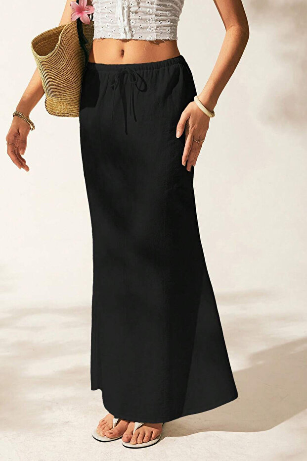 Black Linen Fabric High Waist Long Skirt
