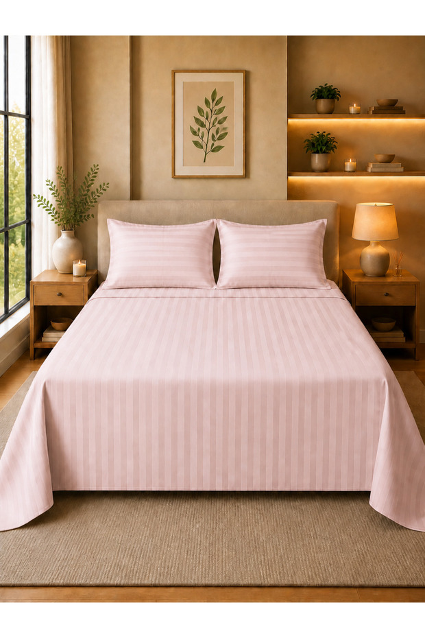 Double Bed Striped Bedsheet Set 3 Pieces – 220x200 cm Flat Sheet + 2 Pillowcases 50x75 cm – Soft & Breathable Fabric