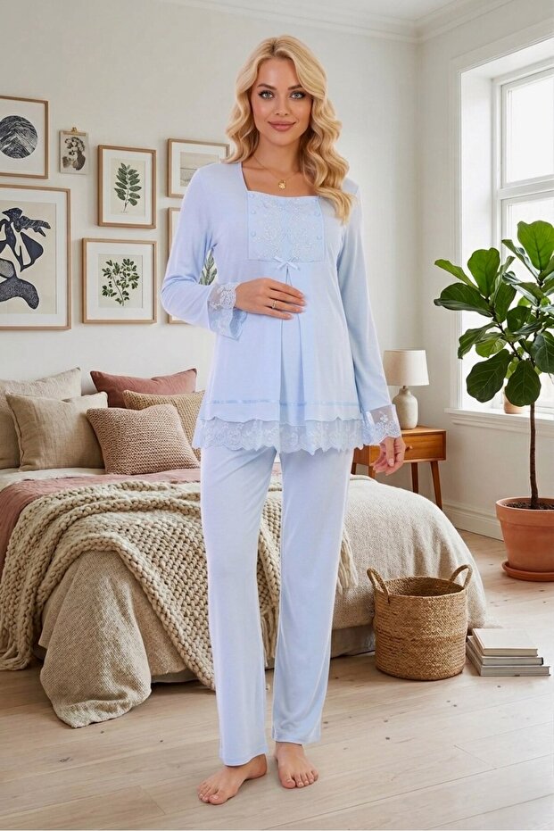 New Season Women's Blue Lace Buttoned Special Design 100% Cotton Maternity Pajama Set