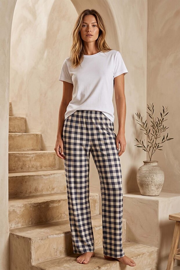 Large Size Women's Plaid Viscose Fabric Combed Cotton Battal Single Pajama Bottom 22 Beige