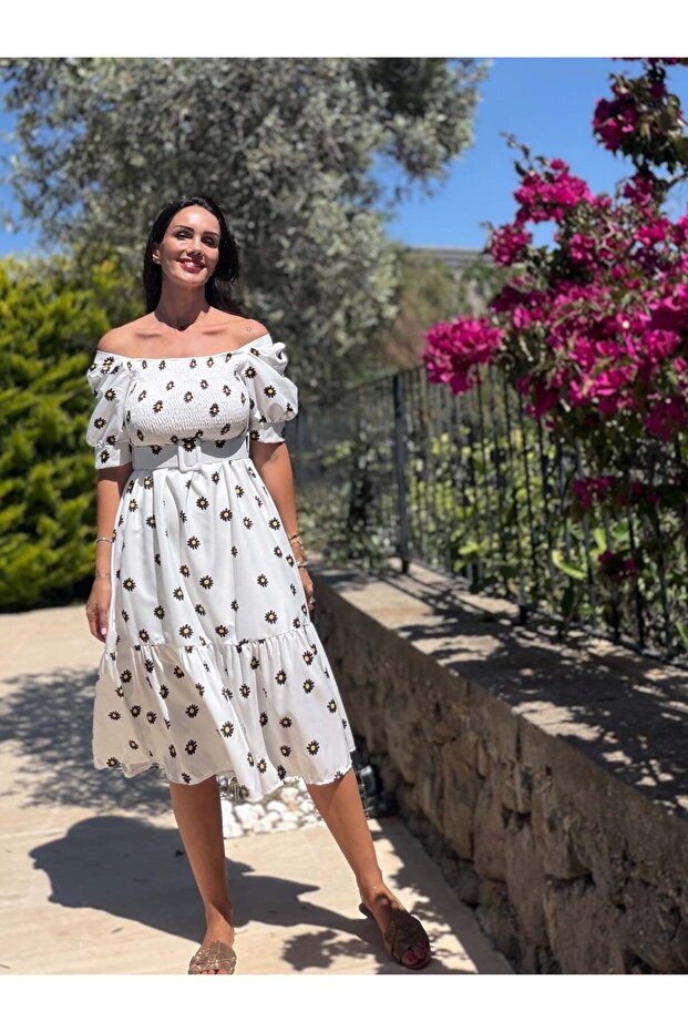 White Dress with Black Daisy Pattern and Belted Gipeli Detail
