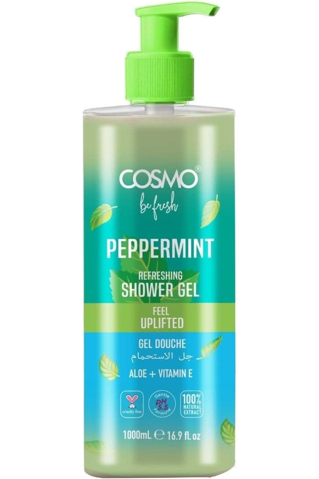 Cosmo Be Fresh Peppermint Refreshing Shower Gel with Aloe & Vitamin E 1000ml, Feel Uplifted Gel Douche, Cooling & Hydrating Body Wash for Men & Women, Daily Cleanser For Soft & Energized Skin Care