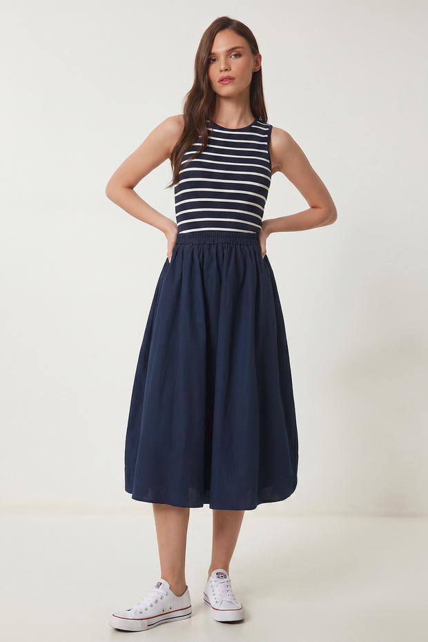 Striped Stretchy Knitted Top and Poplin Skirt Dress Lub0338 Dark Blue White