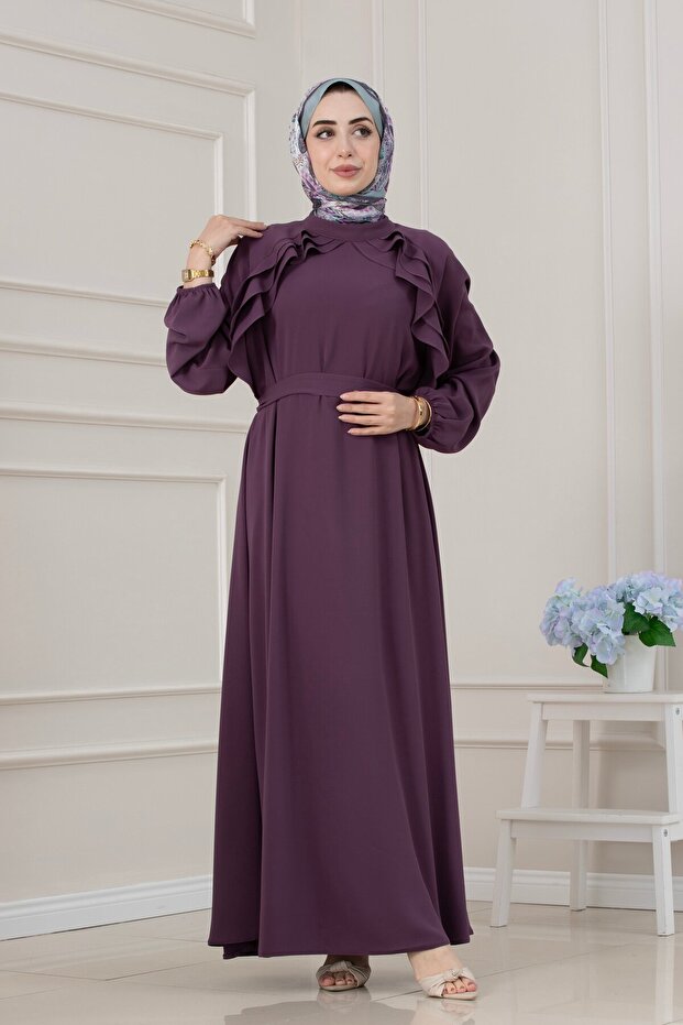 Ruffle Detailed Front Belted Hijab Dress-Mürdüm