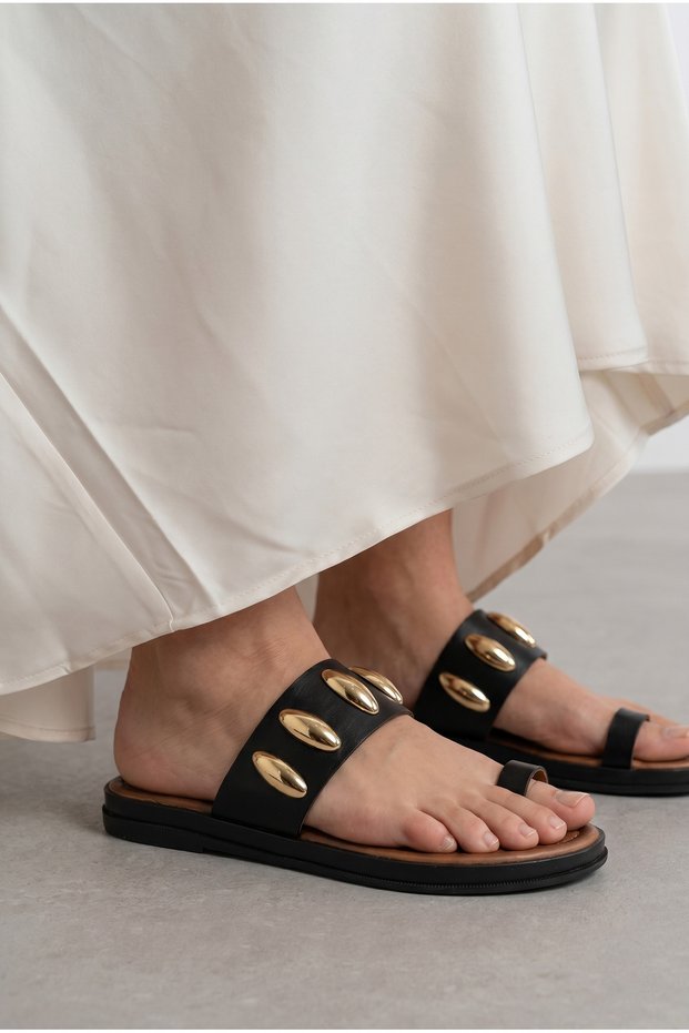 Women's Black Gold Studded Flip-Flops Flat Sole Slippers Veyron04