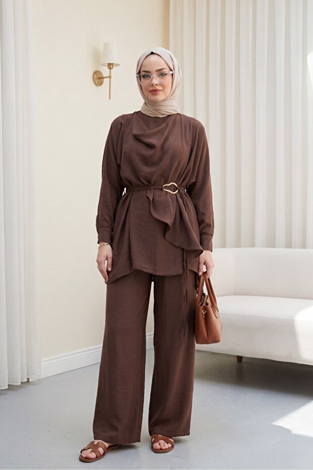 Asymmetrical Cut Trousers Lined Belted Cupra Set -Brown