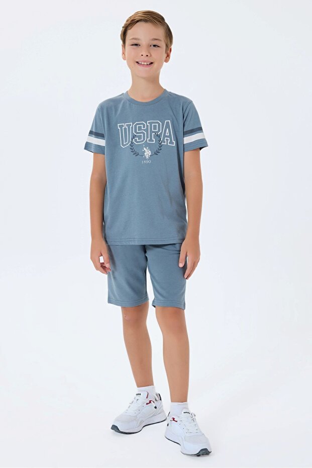 Boy's Licensed Uspa Blue Gray Brand Printed Bermuda Set
