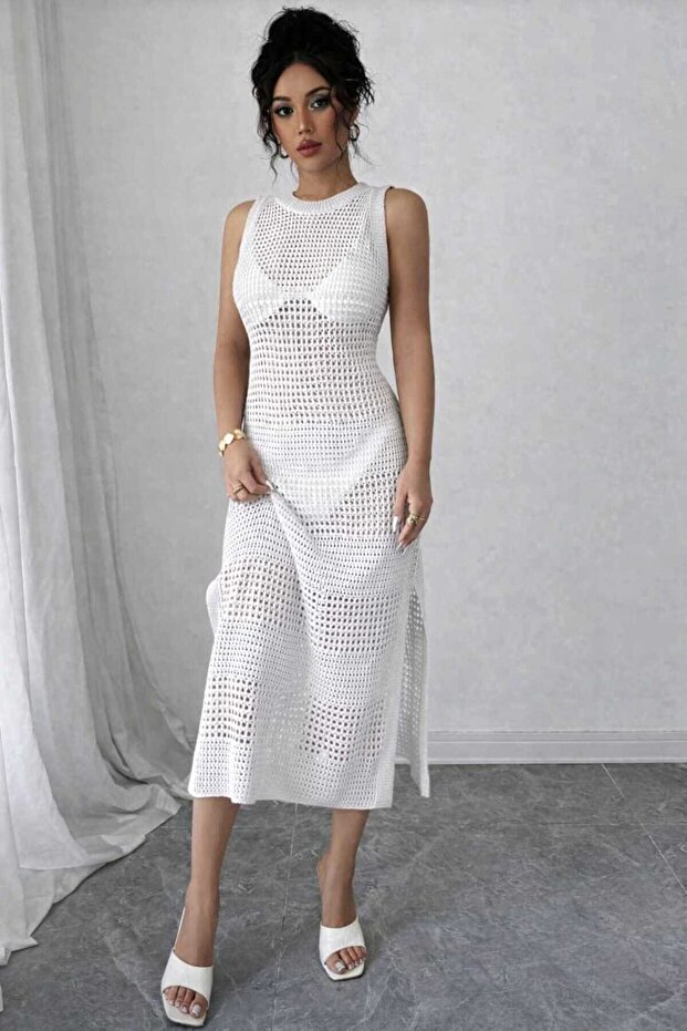 Openwork Backless Crew Neckline Slit Detailed Long 100% Cotton Pareo-Beach Dress